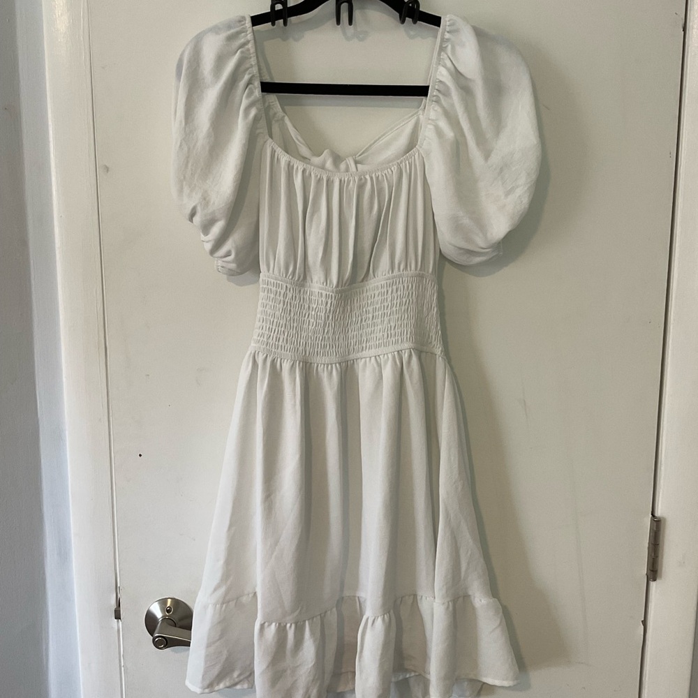 White Smocked Puff Sleeve Mini Dress